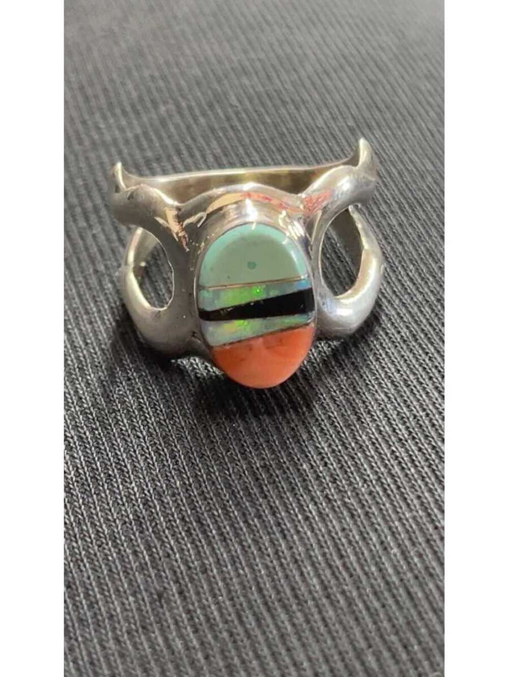 Navajo sterling silver inlay turquoise spiny oyster ring size 6.75 -Patricia